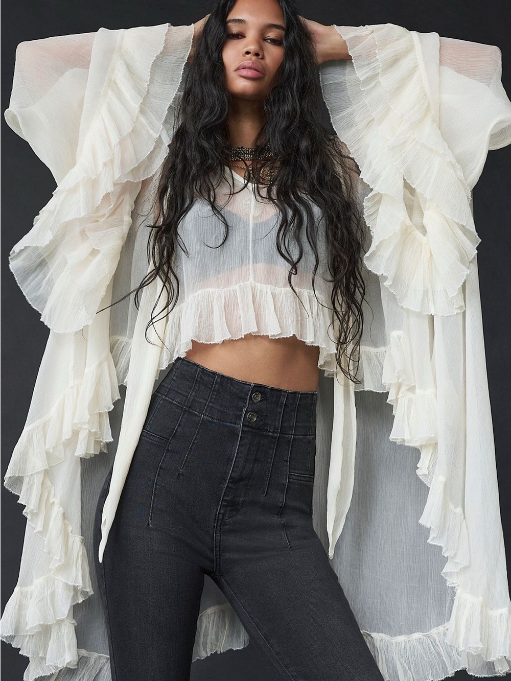 Free People Full Sleeve Frill Top XL Ivory